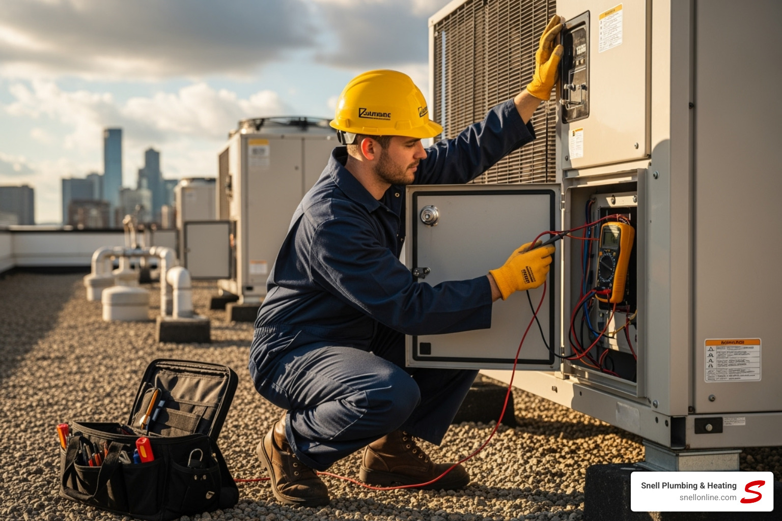 technician servicing a commercial rooftop HVAC unit - commercial hvac maintenance carlinville technician servicing a commercial rooftop HVAC unit - commercial hvac maintenance carlinville