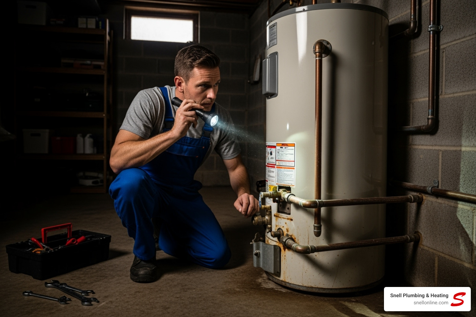 Professional plumber inspecting a water heater with a flashlight - emergency hot water service springfield Professional plumber inspecting a water heater with a flashlight - emergency hot water service springfield