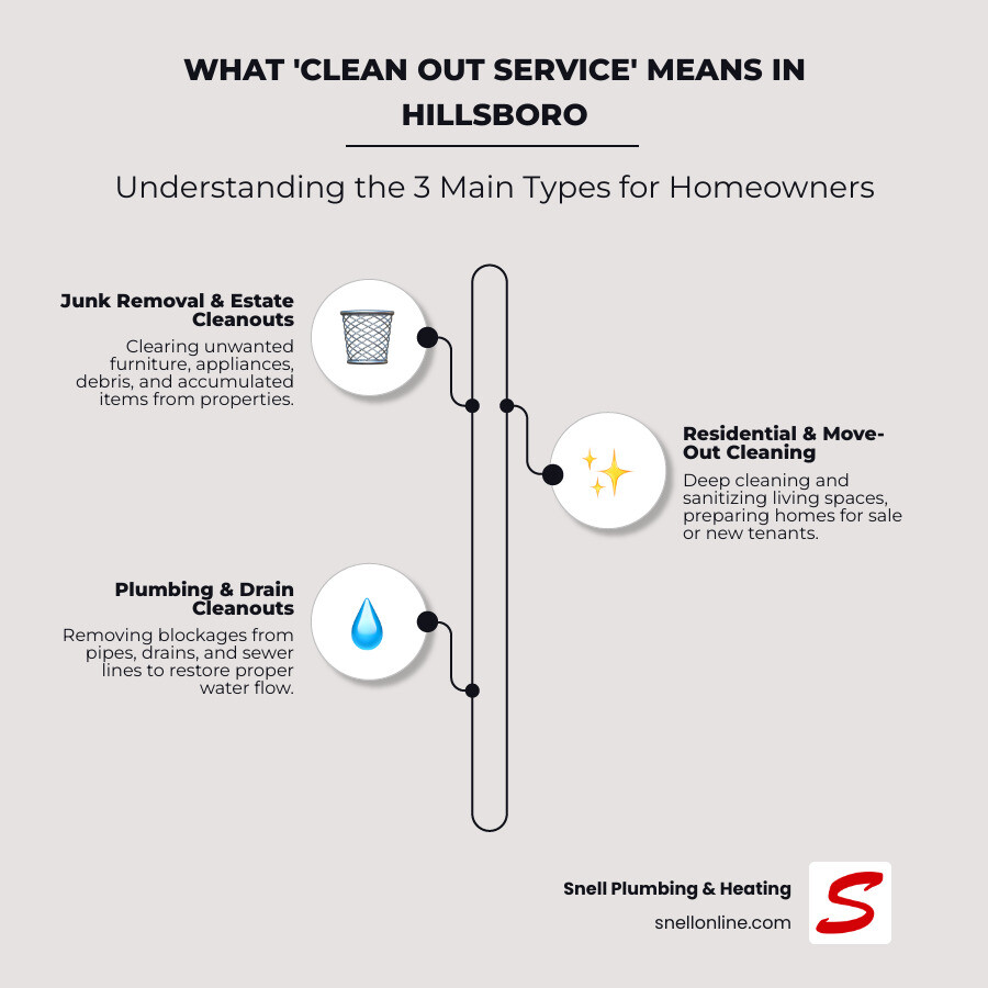 Infographic showing three columns: Junk Removal (furniture, appliances, debris removal), House Cleaning (surface sanitization, deep cleaning, move-out prep), and Plumbing Cleanouts (drain snaking, sewer line clearing, pipe blockage removal) with icons and brief descriptions of when each service is needed - clean out service hillsboro infographic infographic-line-3-steps-neat_beige