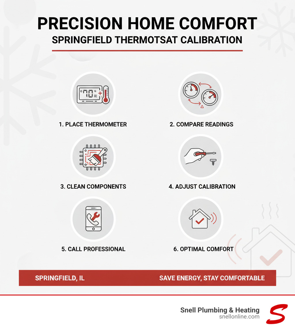 Infographic showing thermostat calibration process with thermometer placement, temperature comparison, cleaning steps, and adjustment procedures for Springfield homeowners - check thermostat calibration springfield infographic 