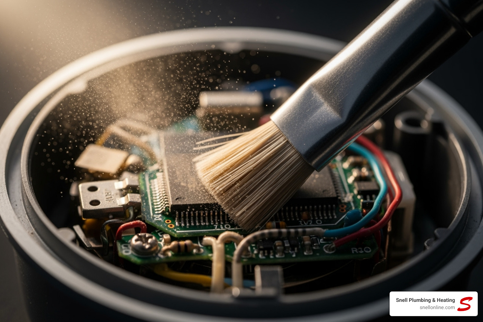 A soft brush cleaning the inside of a thermostat - check thermostat calibration springfield
