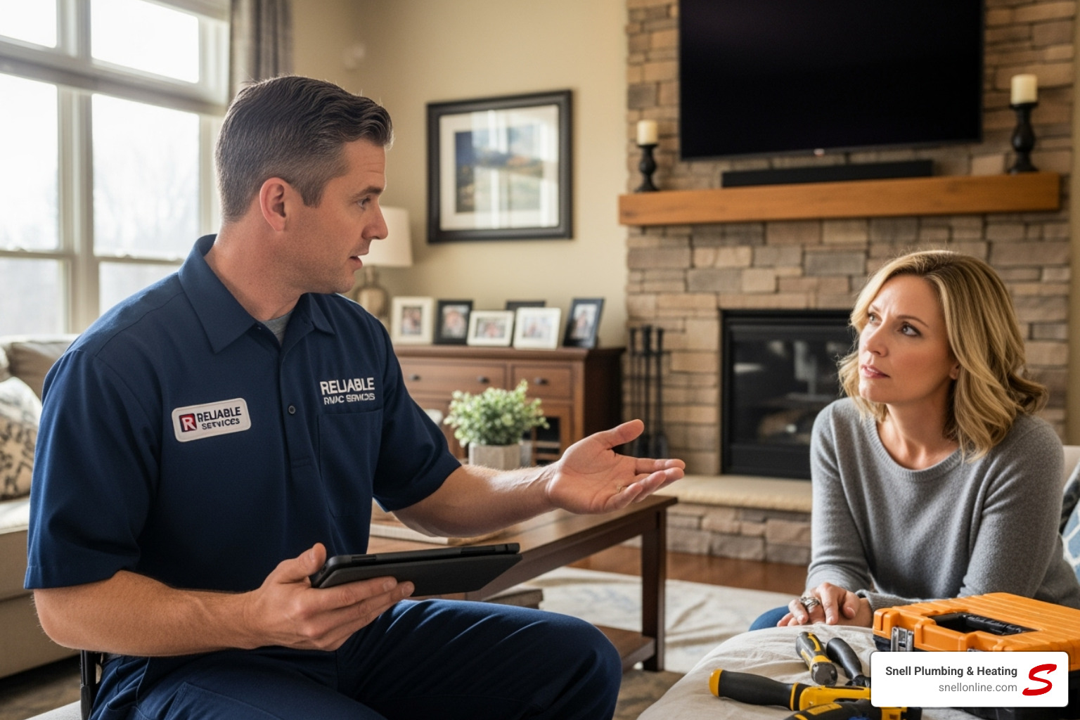 technician discussing options with a homeowner - replace old ac with new energy efficient unit virden technician discussing options with a homeowner - replace old ac with new energy efficient unit virden