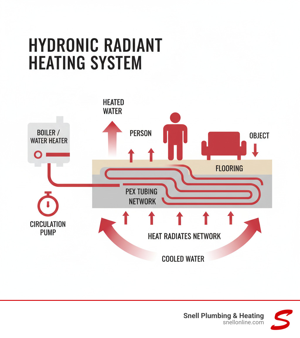Infographic showing water-based radiant heating system components including boiler or water heater, circulation pump, PEX tubing network under flooring, and arrows showing how heated water flows through tubes to warm floors and radiate heat upward to objects and people in the room - water based radiant heating system virden infographic  Infographic showing water-based radiant heating system components including boiler or water heater, circulation pump, PEX tubing network under flooring, and arrows showing how heated water flows through tubes to warm floors and radiate heat upward to objects and people in the room - water based radiant heating system virden infographic