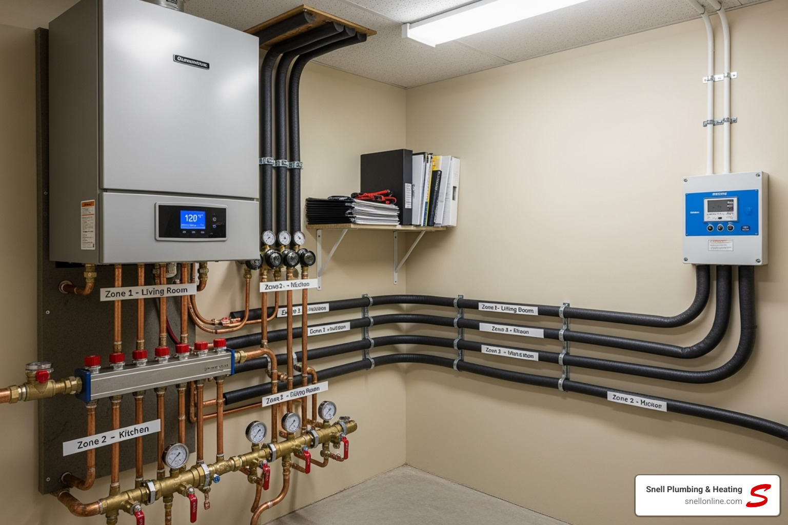 clean, professionally installed boiler and manifold system in a utility room - water based radiant heating system virden clean, professionally installed boiler and manifold system in a utility room - water based radiant heating system virden