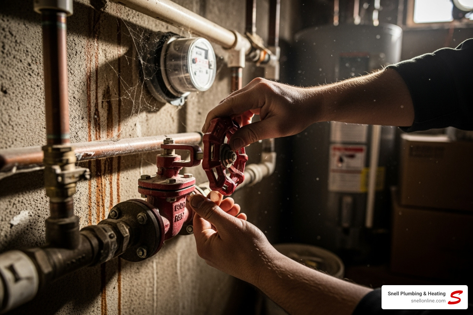 of a homeowner turning off a main water valve - leak detection service springfield il