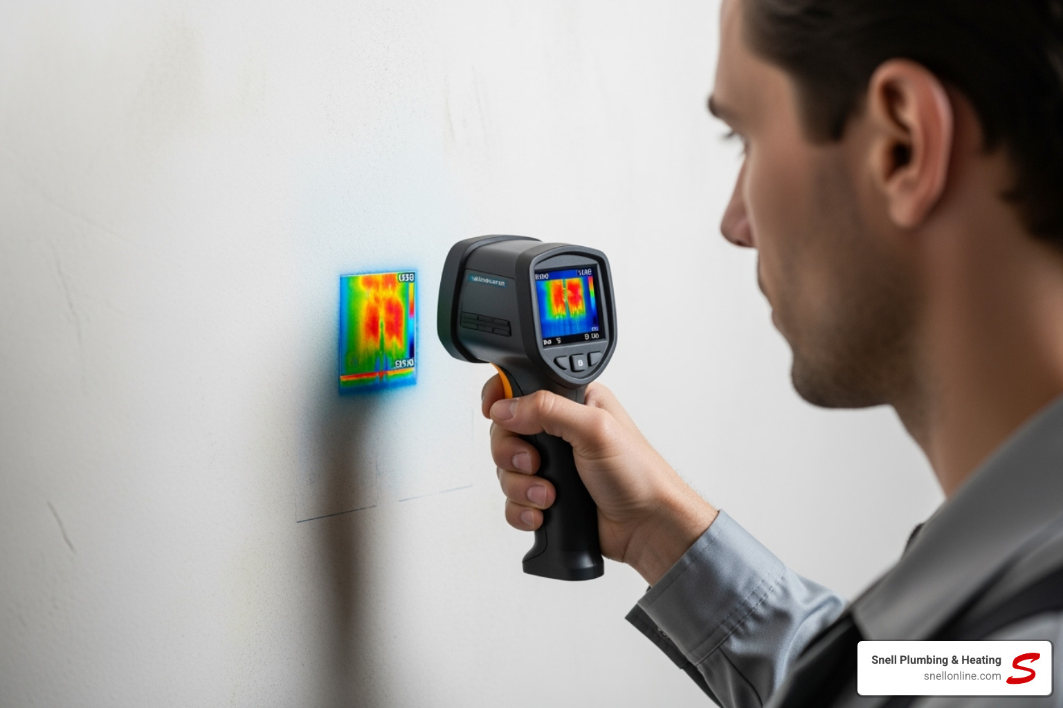 of a technician using a thermal imaging camera on a wall - leak detection service springfield il