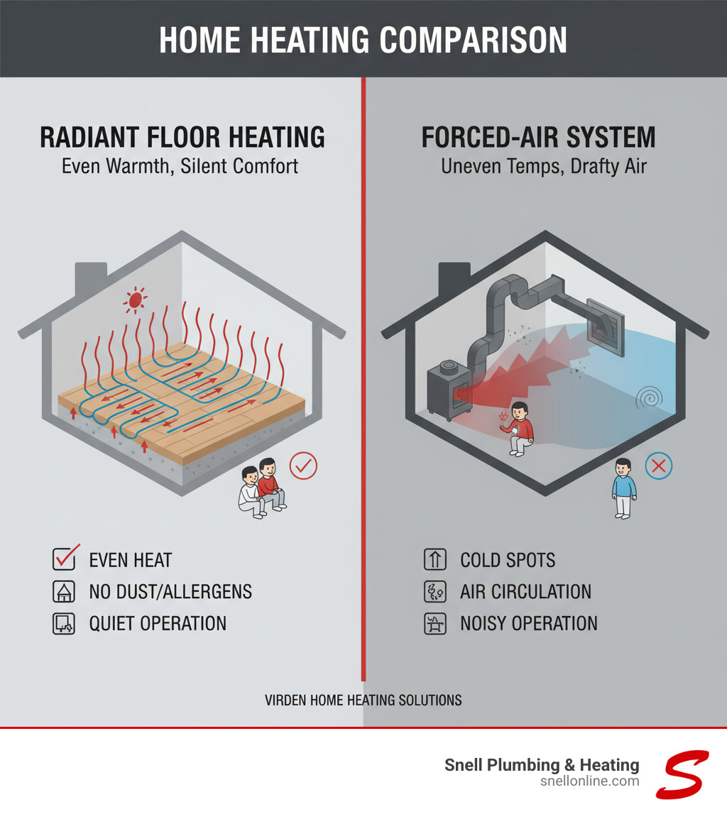 Detailed comparison infographic showing radiant floor heating system with warm water circulating through tubes under flooring creating even heat distribution upward versus forced-air system with ductwork blowing heated air creating uneven temperatures and air circulation - residential radiant floor heating virden infographic 