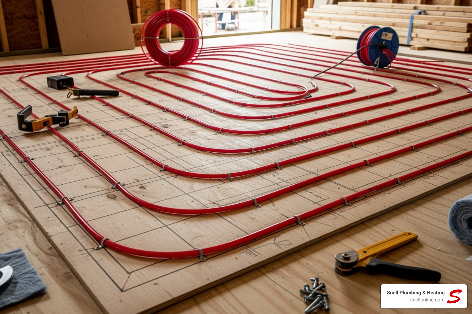 PEX tubing laid out on subfloor - residential radiant floor heating virden