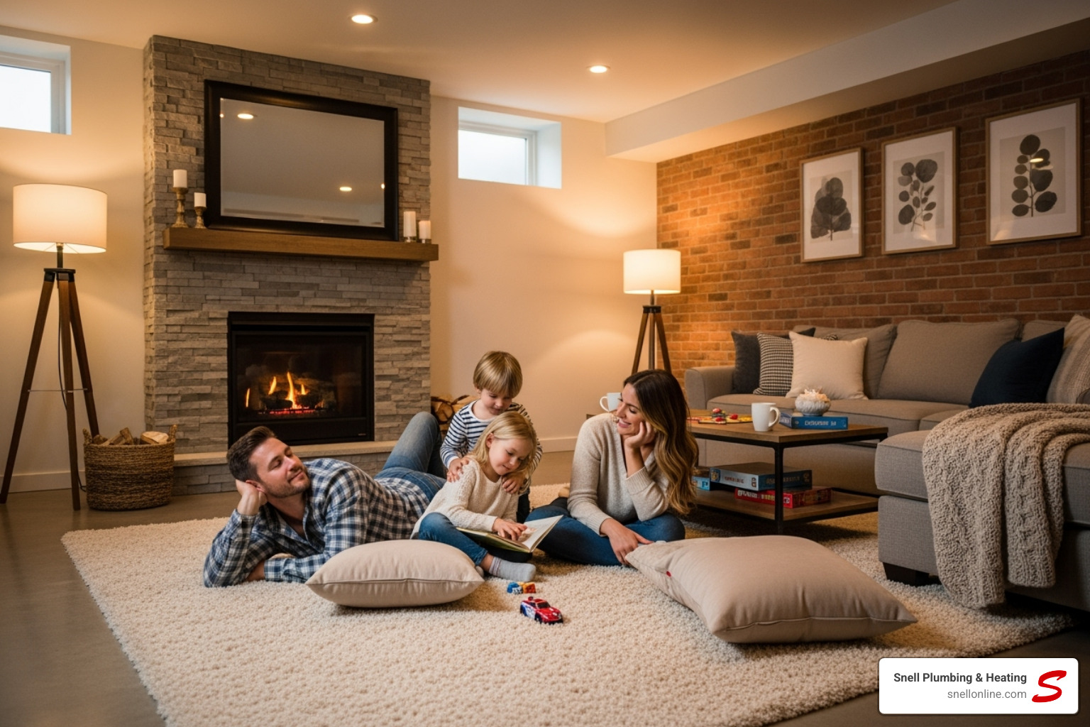 Family enjoying warm floor in basement - residential radiant floor heating virden