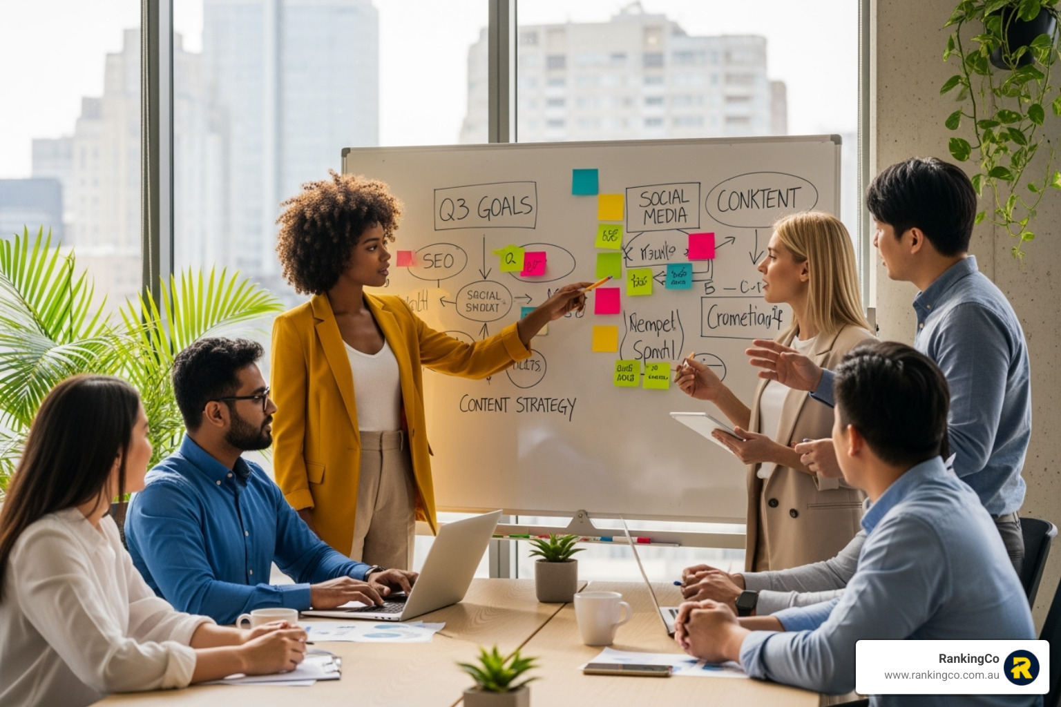 A diverse professional team collaborating on a digital marketing strategy, brainstorming ideas on a whiteboard in a modern office setting. - SEO experts Brisbane