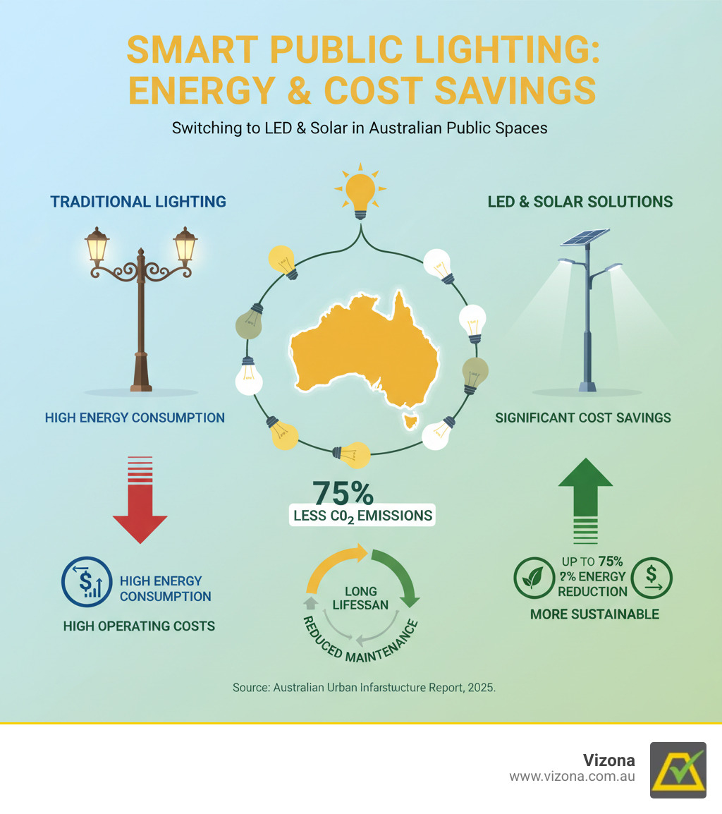 Infographic explaining the energy and cost savings of switching from traditional lighting to LED and Solar solutions in public spaces. - australian lighting manufacturers infographic 