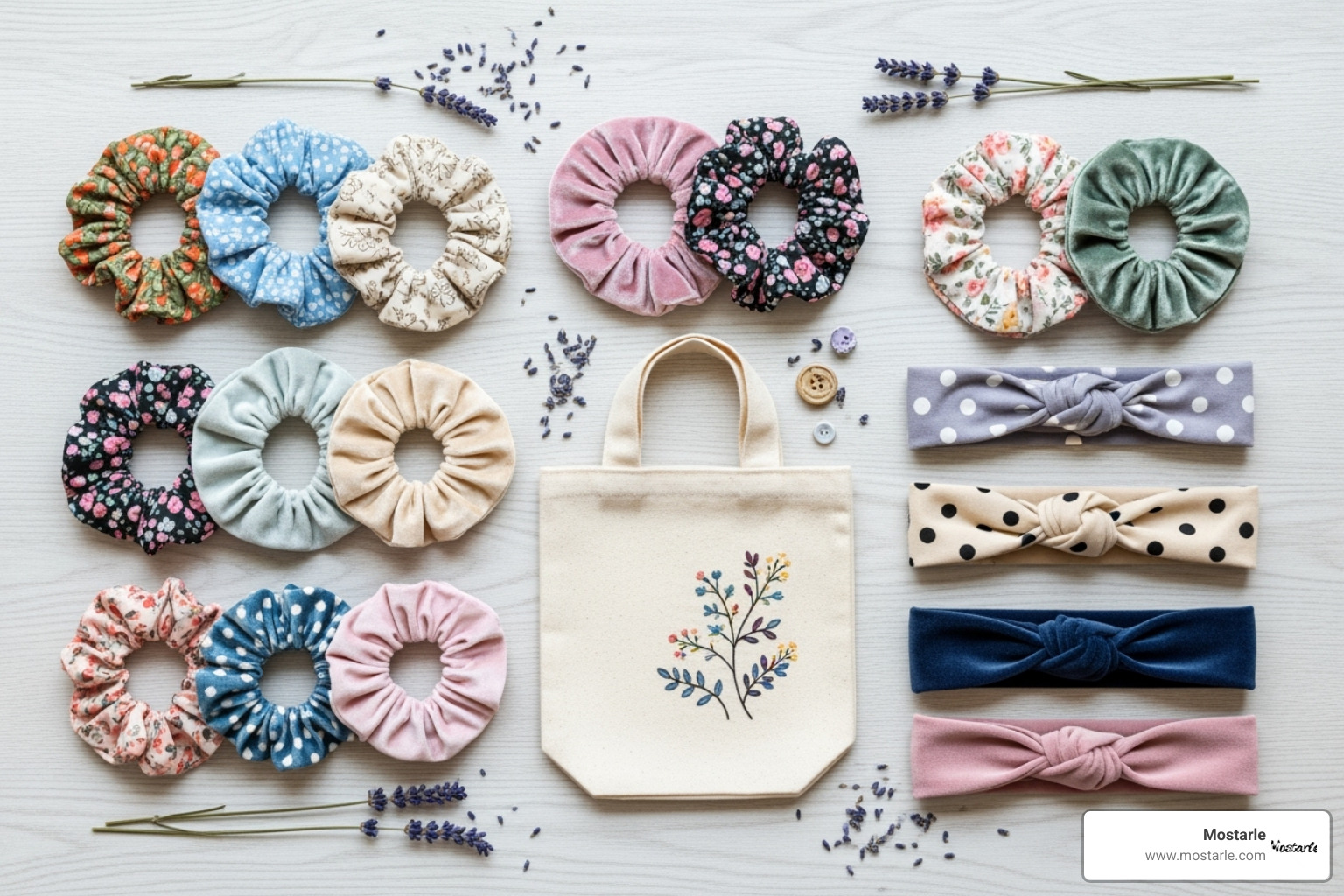 collection of handmade accessories like scrunchies, headbands, and a tote bag - cool homemade christmas gifts