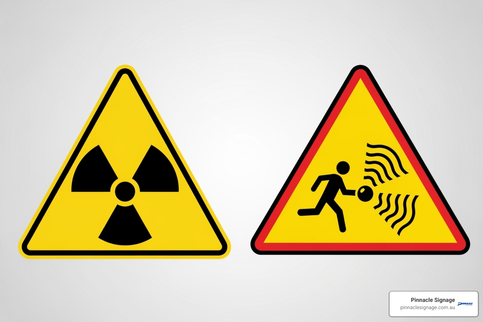 Image comparing the original black on yellow radiation trefoil with the newer red, black, and yellow IAEA supplemental symbol - danger symbol
