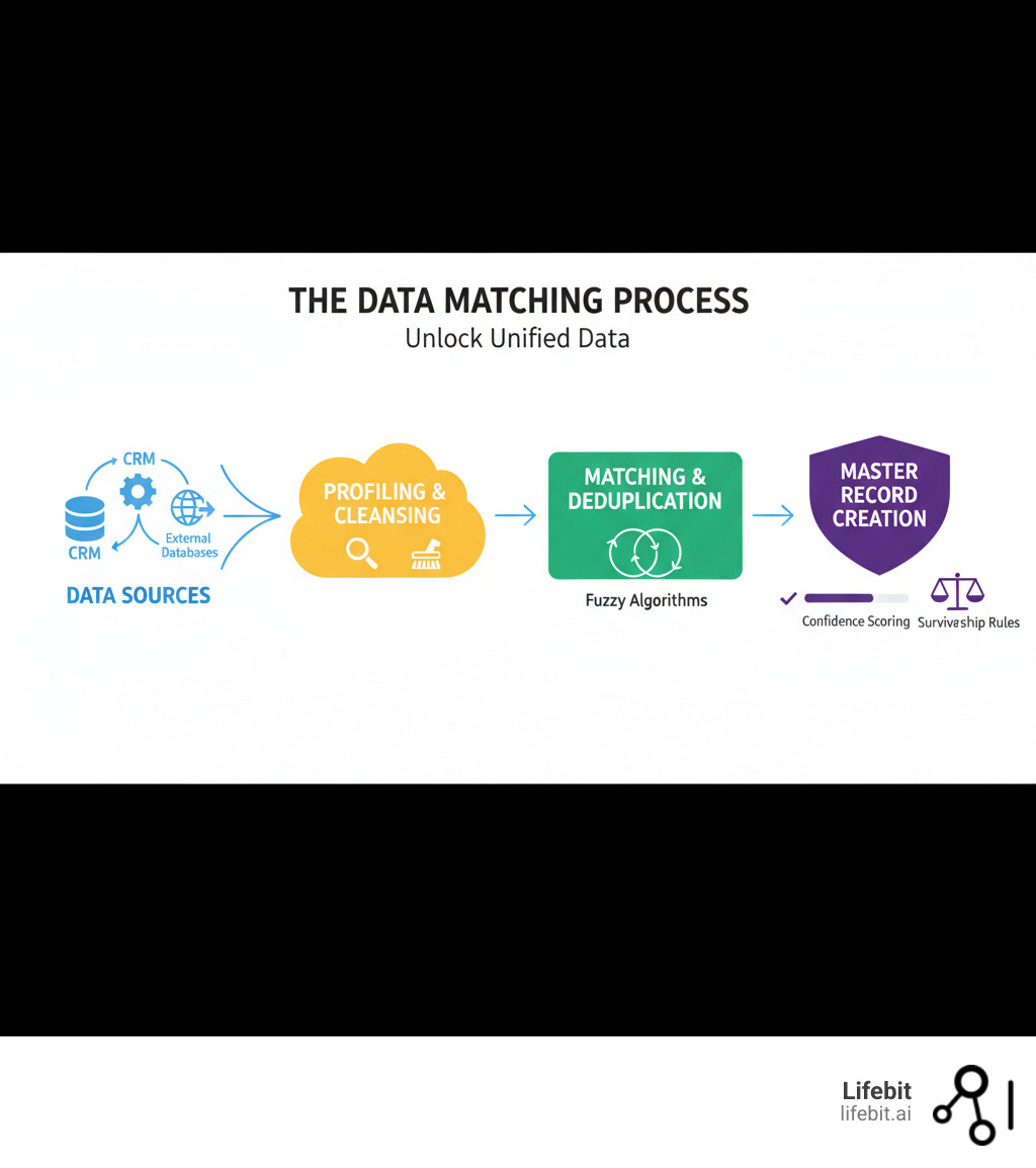 Infographic showing the data matching process: Data Sources (CRM, ERP, External databases) flowing into Profiling & Cleansing stage, then to Matching & Deduplication using fuzzy algorithms, and finally to Master Record Creation with confidence scoring and survivorship rules - data match software infographic 