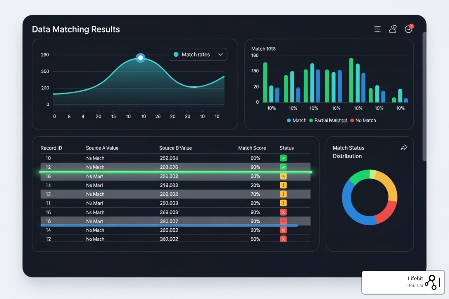 A modern, clean software dashboard showing match results with graphs and tables - data match software