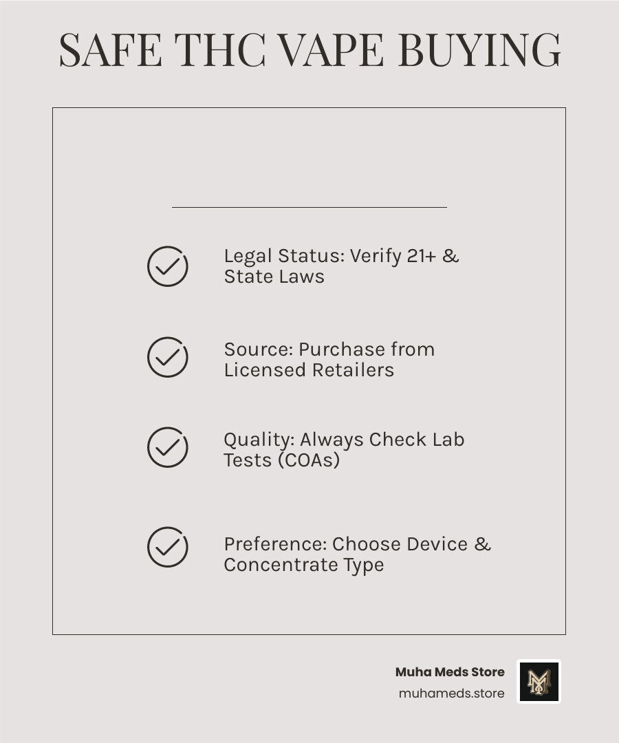 Comprehensive THC vape buying guide infographic showing device types, concentrate options, legal considerations, safety checklist, and quality indicators for purchasing cannabis vapes - buy cannabis THC vape  infographic checklist-light-beige