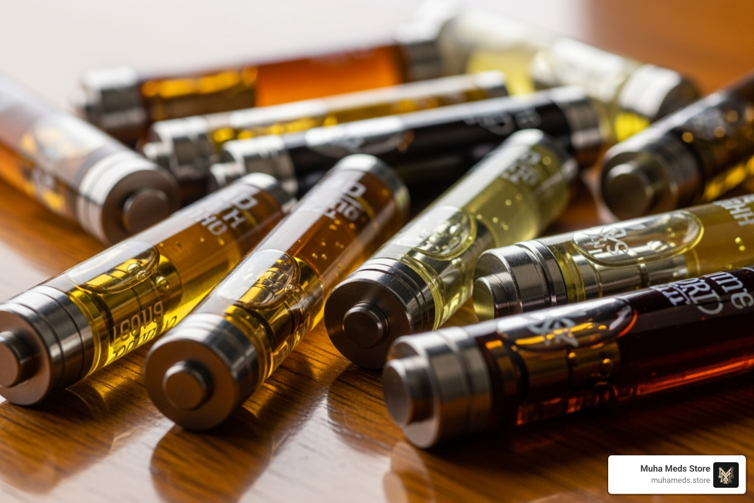 Various THC vape cartridges with different colors of oil - buy cannabis THC vape 