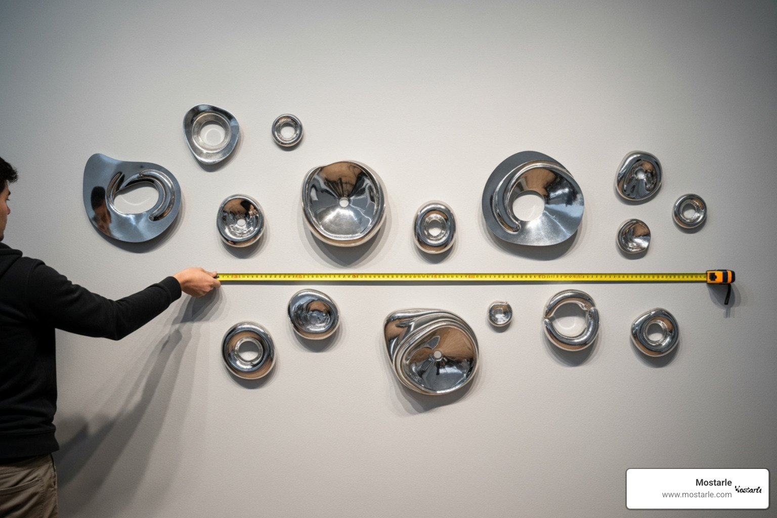 A person holding a tape measure against a blank wall, planning for an art installation, with various metal art pieces digitally overlaid to show potential sizing. - Home decor metal art