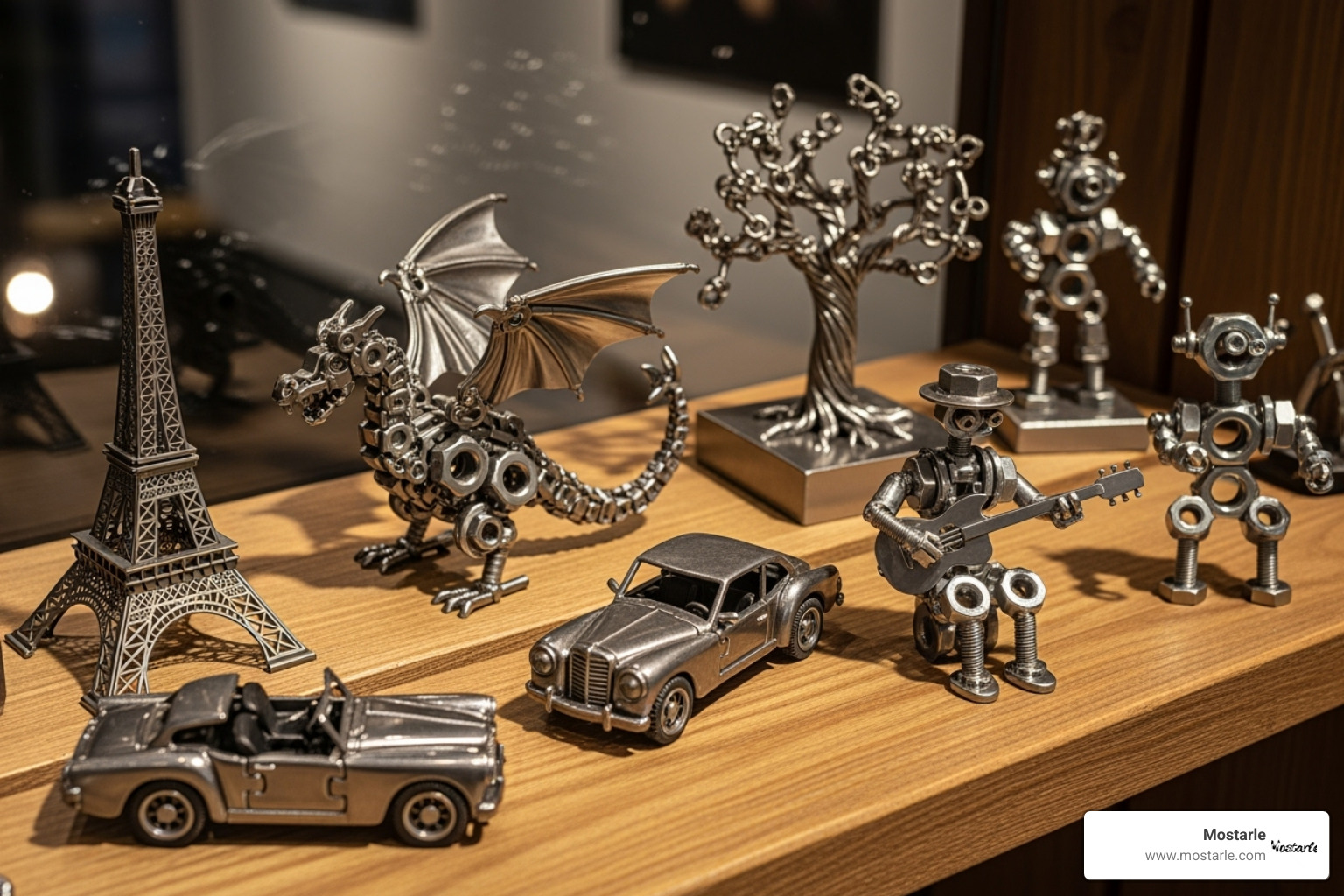 A collection of small, unique Mostarle metal art pieces, including assembled 3D puzzles and decorative sculptures crafted from nuts and bolts, displayed artfully on a wooden shelf. - Home decor metal art