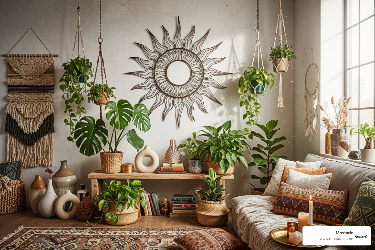 A bohemian-style room with a sun-shaped Mostarle metal art piece mixed with lush green plants, woven textiles, and eclectic decorative items, creating a warm and inviting atmosphere. - Home decor metal art