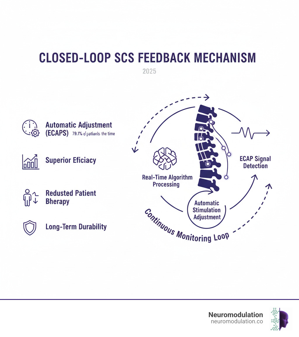 Comprehensive infographic showing closed-loop SCS feedback mechanism: spinal cord anatomy with electrode placement, ECAP signal detection pathway, real-time algorithm processing, and automatic stimulation adjustment cycle with arrows indicating continuous monitoring loop - closed loop SCS infographic 