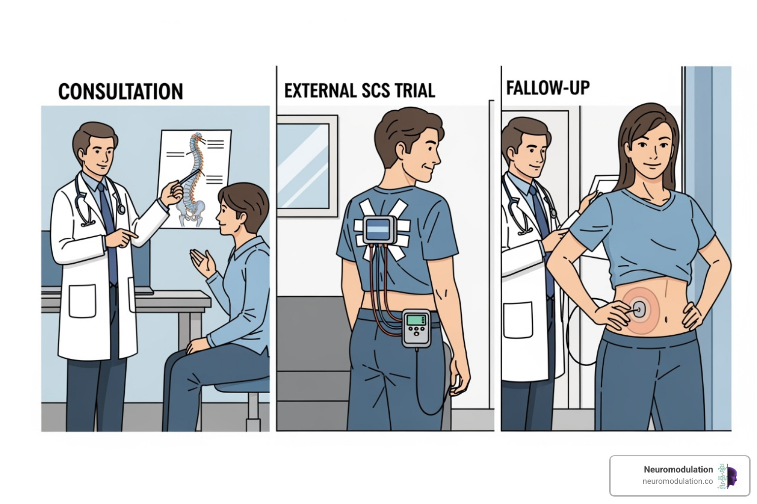 Illustration of the SCS patient journey, from consultation to trial to permanent implant - closed loop SCS