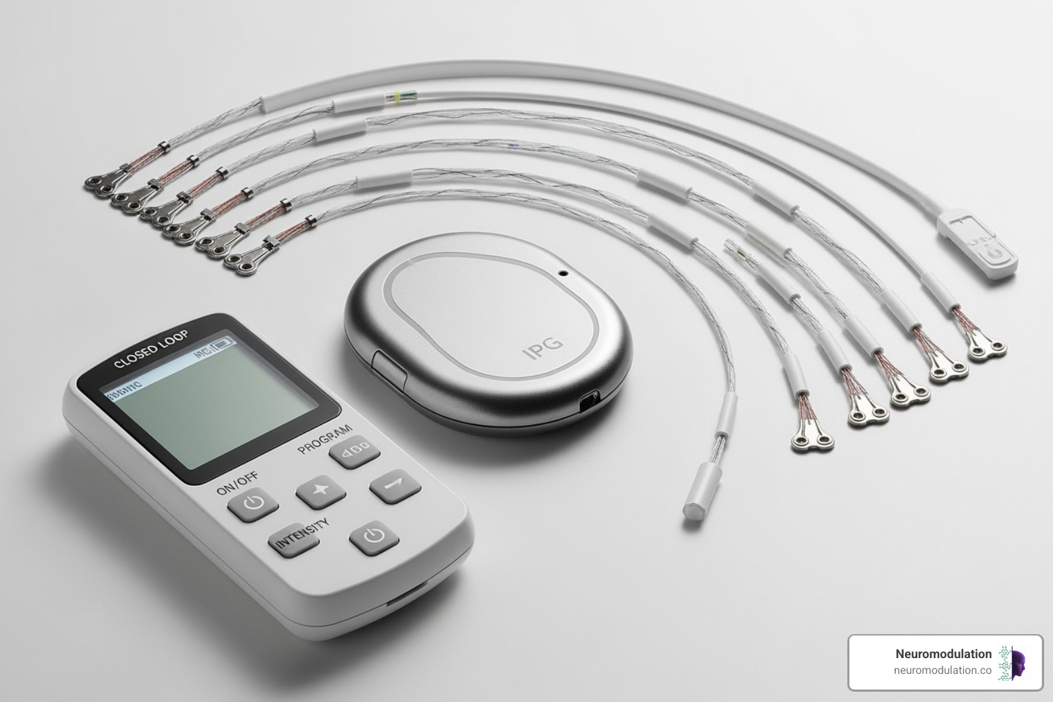 Components of a closed-loop SCS system including IPG, leads, and patient remote - closed loop SCS