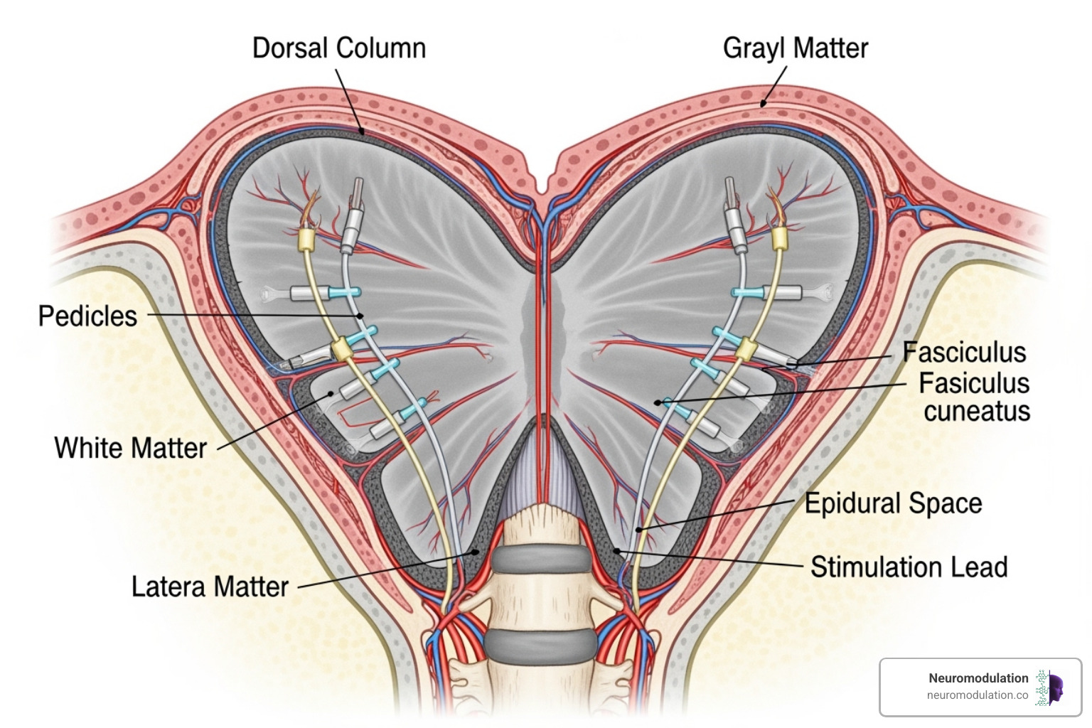 Diagram showing spinal cord stimulation targeting dorsal column - closed loop SCS