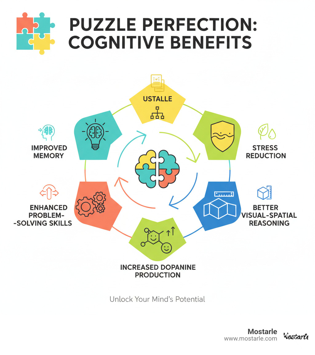 Infographic showing the cognitive benefits of solving cool puzzles including improved memory, improved problem-solving skills, stress reduction, increased dopamine production, and better visual-spatial reasoning - cool puzzles infographic Infographic showing the cognitive benefits of solving cool puzzles including improved memory, improved problem-solving skills, stress reduction, increased dopamine production, and better visual-spatial reasoning - cool puzzles infographic