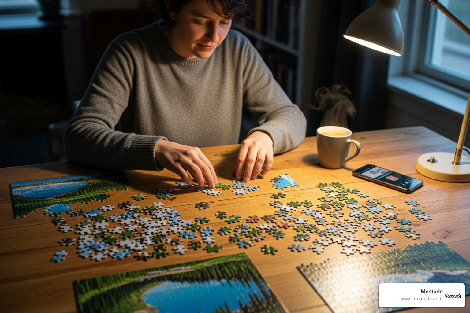 person sorting puzzle pieces on a large table - cool puzzles person sorting puzzle pieces on a large table - cool puzzles