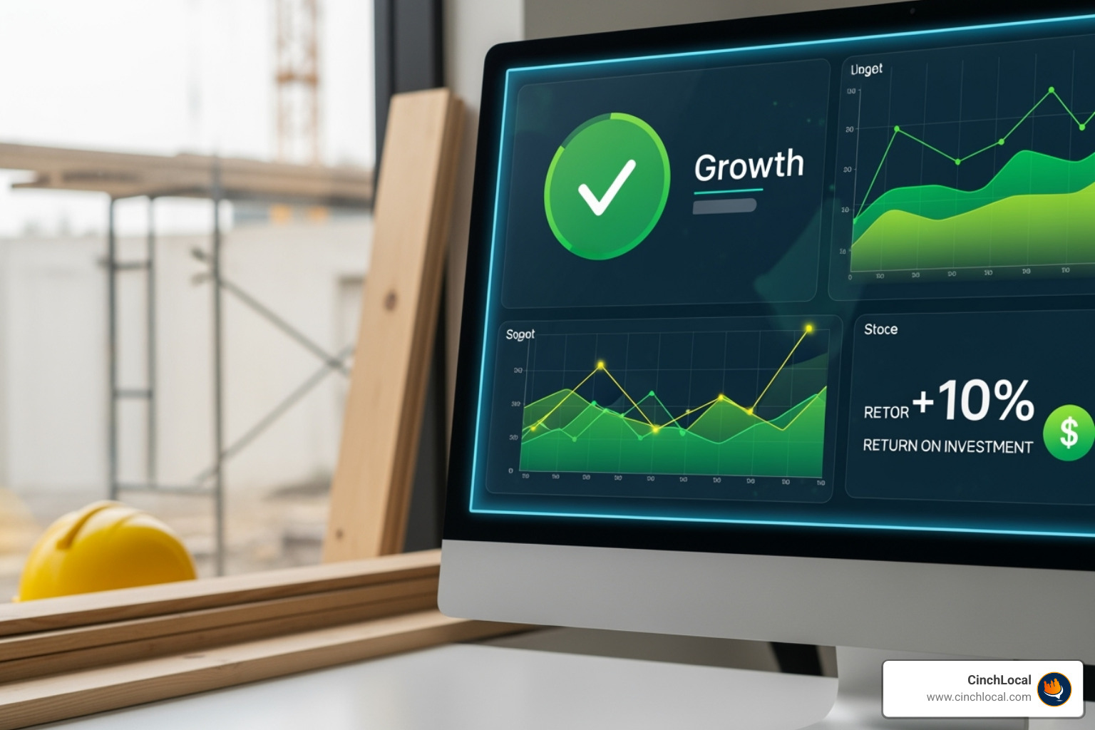 Marketing analytics dashboard showing positive ROI and lead growth for a roofing contractor - hvac contractor seo services