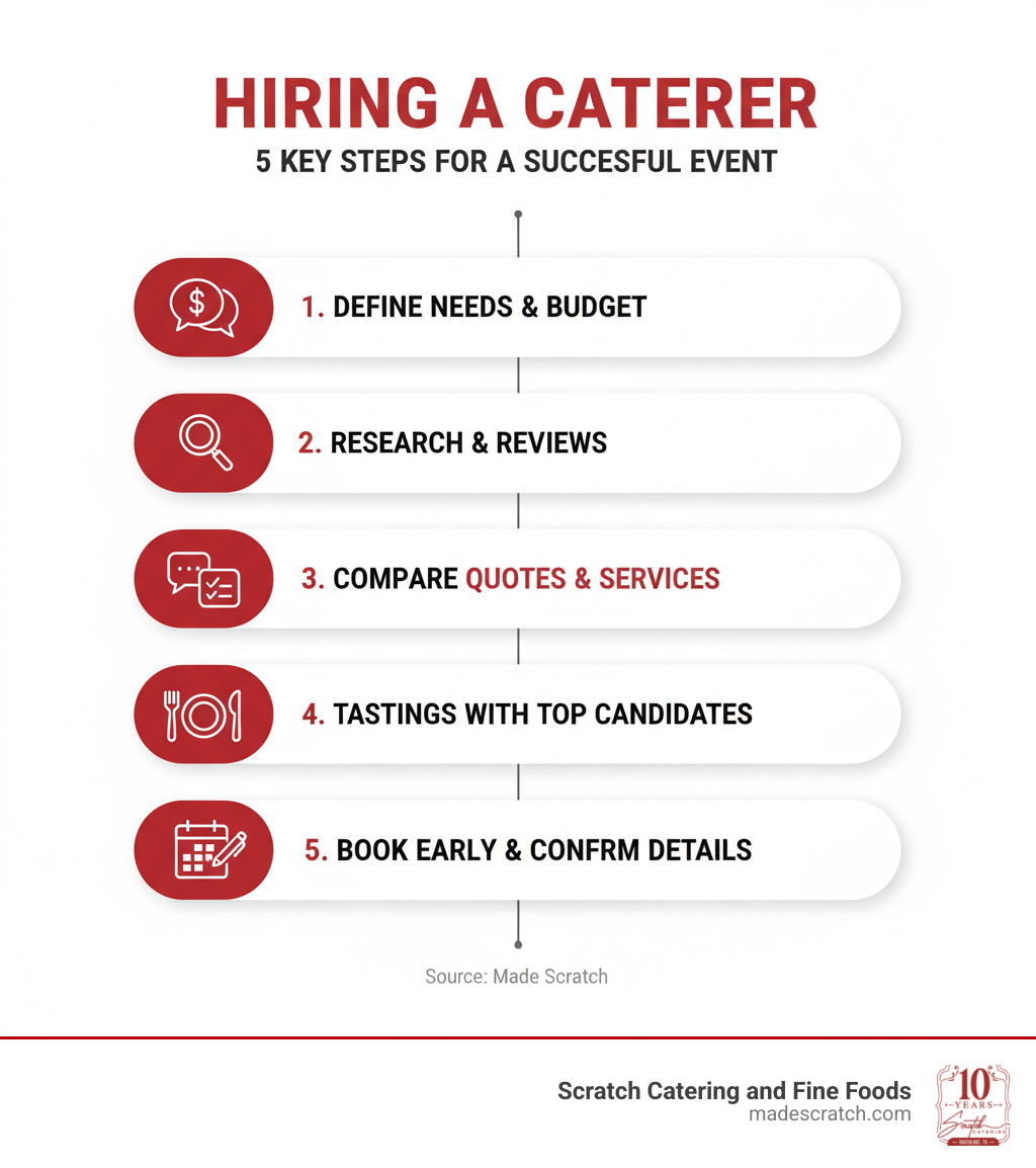 Infographic showing 5 key steps to hiring a caterer: 1. Define your event needs and budget, 2. Research local companies and read reviews, 3. Request quotes and compare services, 4. Schedule tastings with top candidates, 5. Book early and confirm all details in writing - catering companies near me infographic 