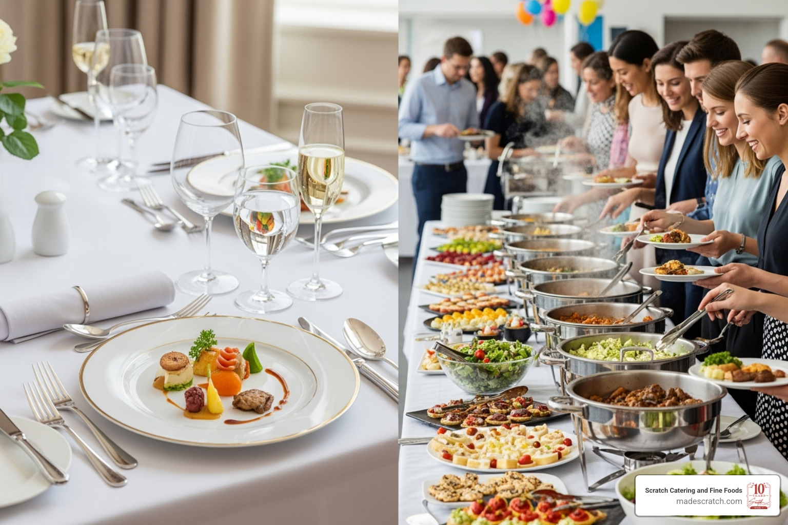 A split image comparing a formal plated dinner setting with a casual buffet line - catering companies near me