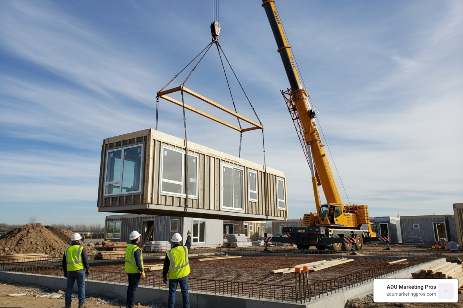 A large prefab module being carefully craned into place onto a prepared foundation at a construction site - prefab homes san francisco bay area
