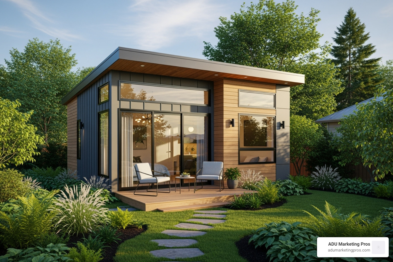 A sleek, compact prefab ADU with a modern design nestled in a lush backyard setting - prefab homes san francisco bay area