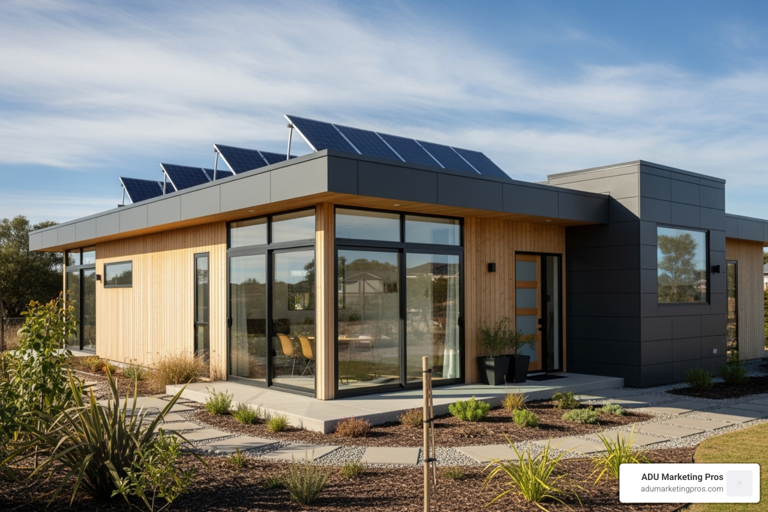 Prefab home with solar panels on the roof and a modern, sustainable design - prefab homes san francisco bay area