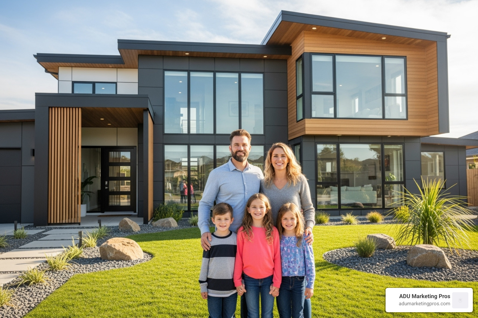 A happy family standing in front of their modern prefab home, suggesting comfort and satisfaction - prefab homes san francisco bay area