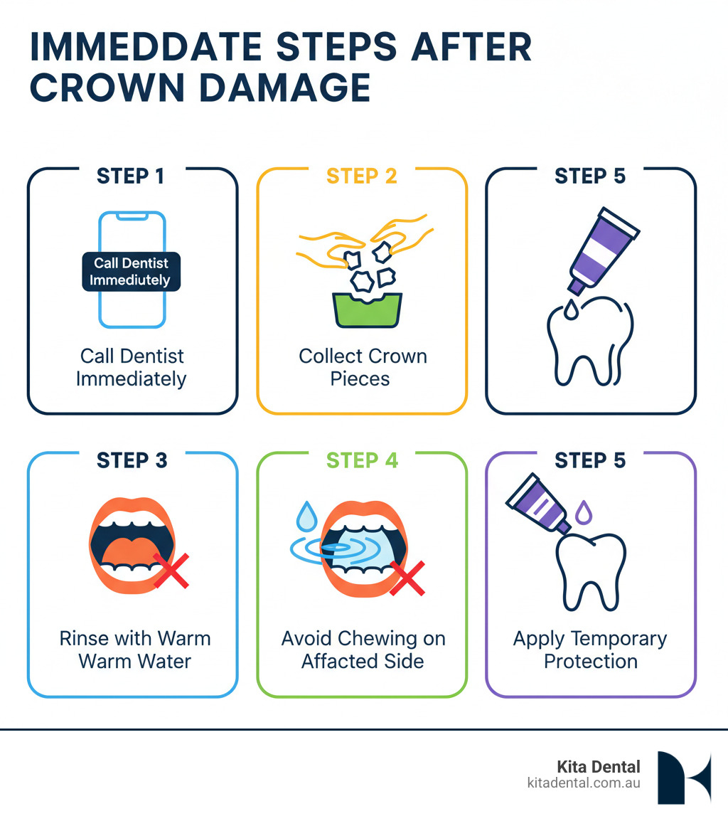 Infographic showing immediate steps after crown damage: Step 1 shows a phone with "Call dentist immediately", Step 2 depicts hands collecting crown pieces in a container, Step 3 shows gentle mouth rinsing with warm water, Step 4 illustrates avoiding chewing on the affected side, and Step 5 shows temporary dental cement application for protection - Broken crown repair infographic Infographic showing immediate steps after crown damage: Step 1 shows a phone with "Call dentist immediately", Step 2 depicts hands collecting crown pieces in a container, Step 3 shows gentle mouth rinsing with warm water, Step 4 illustrates avoiding chewing on the affected side, and Step 5 shows temporary dental cement application for protection - Broken crown repair infographic