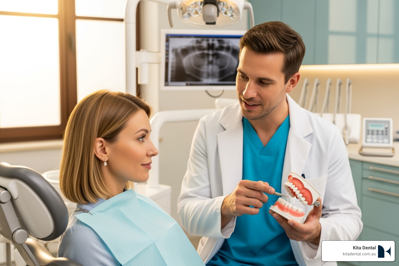 Dentist explaining a treatment plan to a patient using a dental model - Broken crown repair Dentist explaining a treatment plan to a patient using a dental model - Broken crown repair