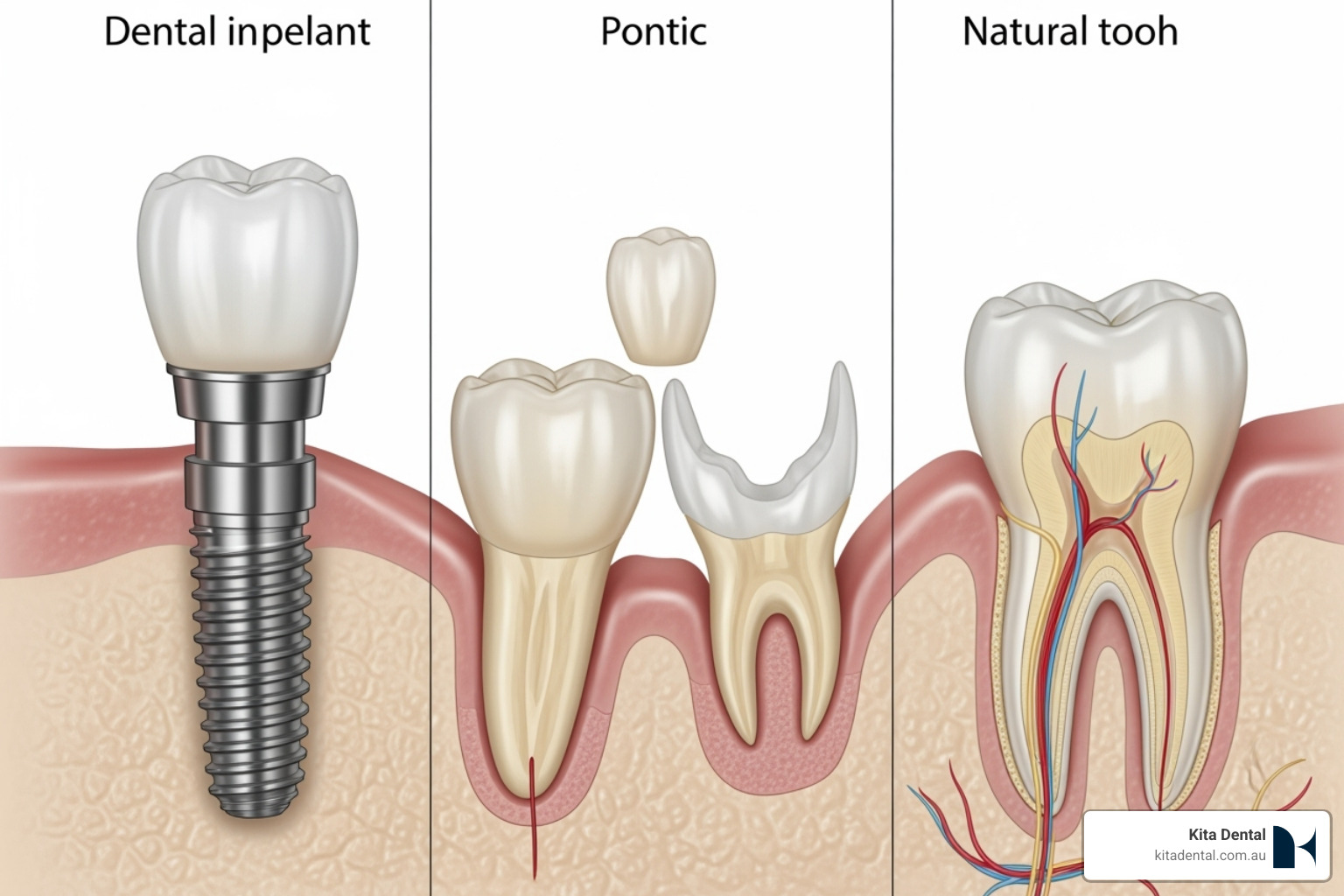 Comparison of a single dental implant, a traditional dental bridge, and a natural tooth with a crown, highlighting the benefits of implants for bone preservation and independence from adjacent teeth - Broken crown repair Comparison of a single dental implant, a traditional dental bridge, and a natural tooth with a crown, highlighting the benefits of implants for bone preservation and independence from adjacent teeth - Broken crown repair