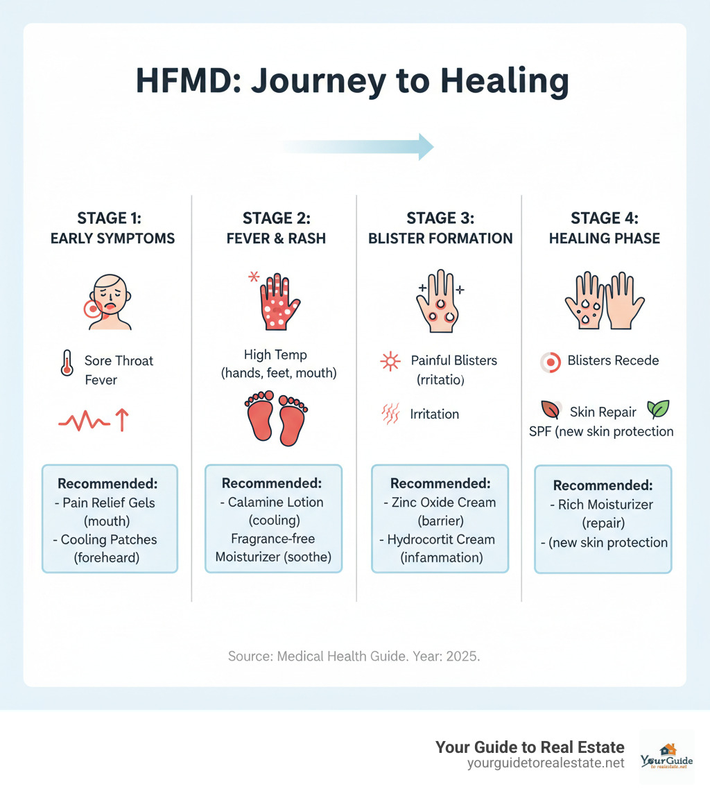 Infographic showing the progression of hand foot mouth disease from initial symptoms through fever stage to blister formation and final healing phase, with recommended cream applications at each stage - best cream for hand, foot and mouth disease infographic 