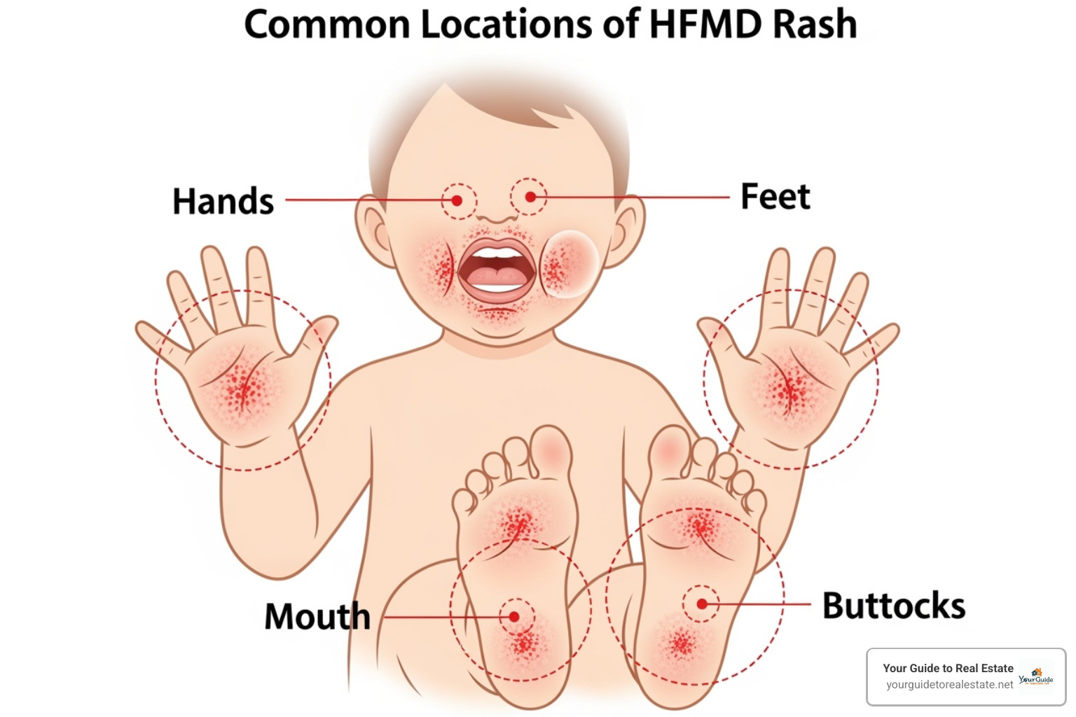 diagram showing the common locations of the HFM rash on hands, feet, mouth, and buttocks - best cream for hand, foot and mouth disease