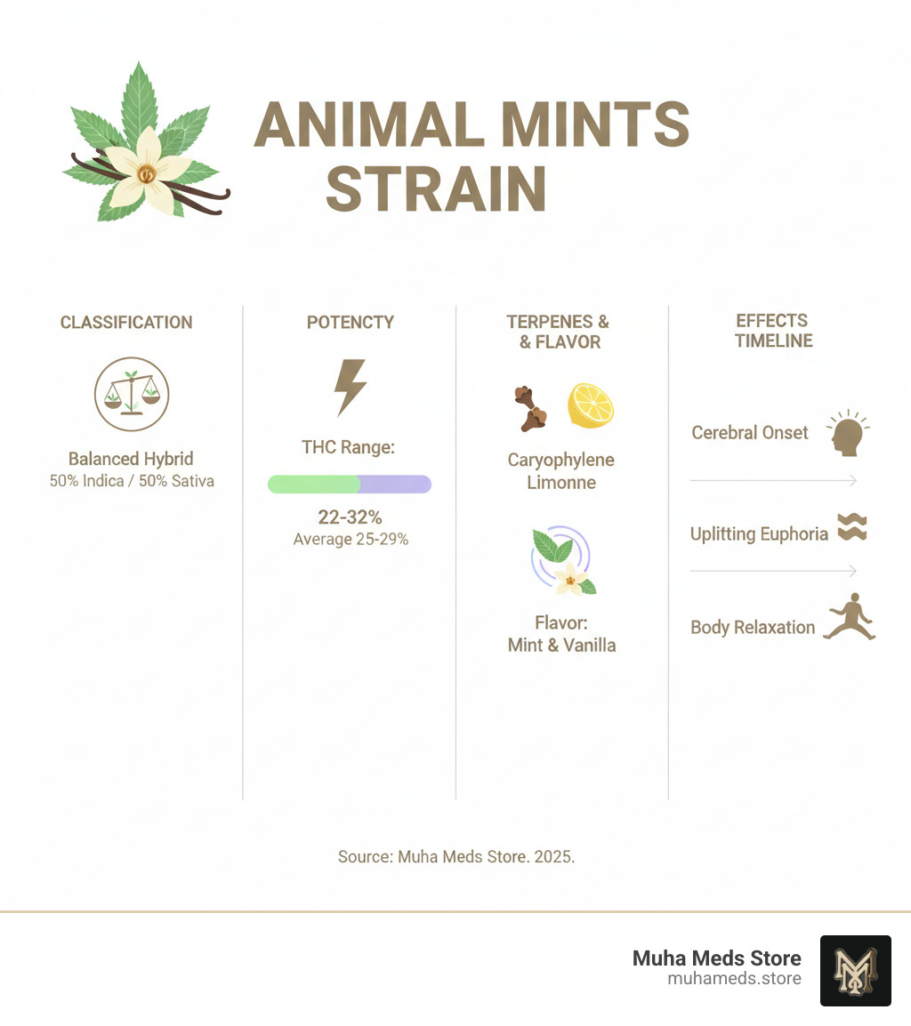 Comprehensive breakdown of Animal Mints strain characteristics including THC percentage ranges, hybrid classification, primary terpene profile with Caryophyllene and Limonene, flavor notes of mint and vanilla, and recommended effects timeline from cerebral onset to body relaxation - buy Animal Mints Strain infographic 