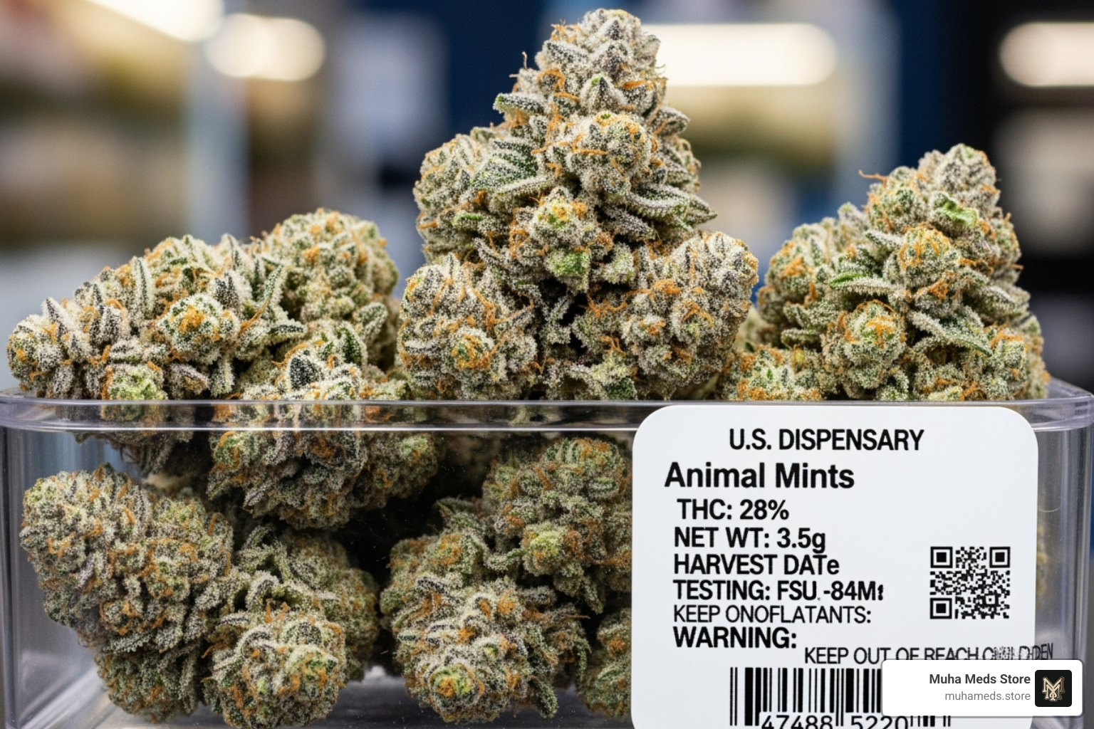 Animal Mints flower in dispensary packaging - buy Animal Mints Strain