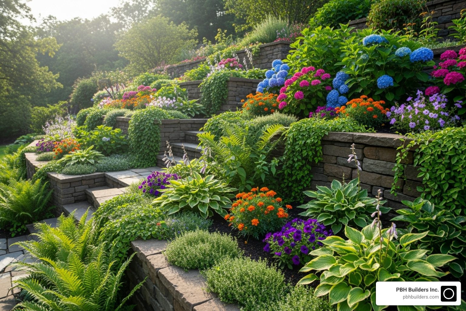 Terraced garden created by retaining walls - Custom retaining wall Terraced garden created by retaining walls - Custom retaining wall