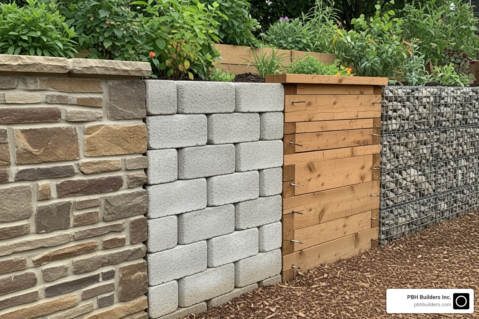 Different retaining wall materials like natural stone, concrete blocks, and wood - Custom retaining wall Different retaining wall materials like natural stone, concrete blocks, and wood - Custom retaining wall
