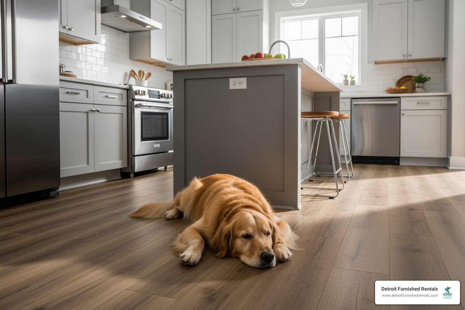 a dog on durable luxury vinyl plank flooring in a kitchen - Dog friendly kitchen