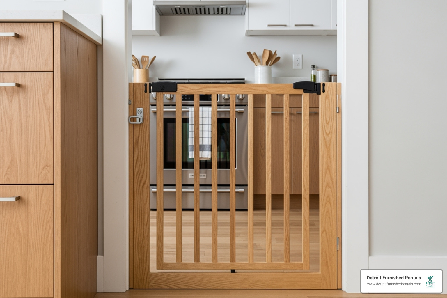 a stylish wooden gate built into a kitchen doorway - Dog friendly kitchen