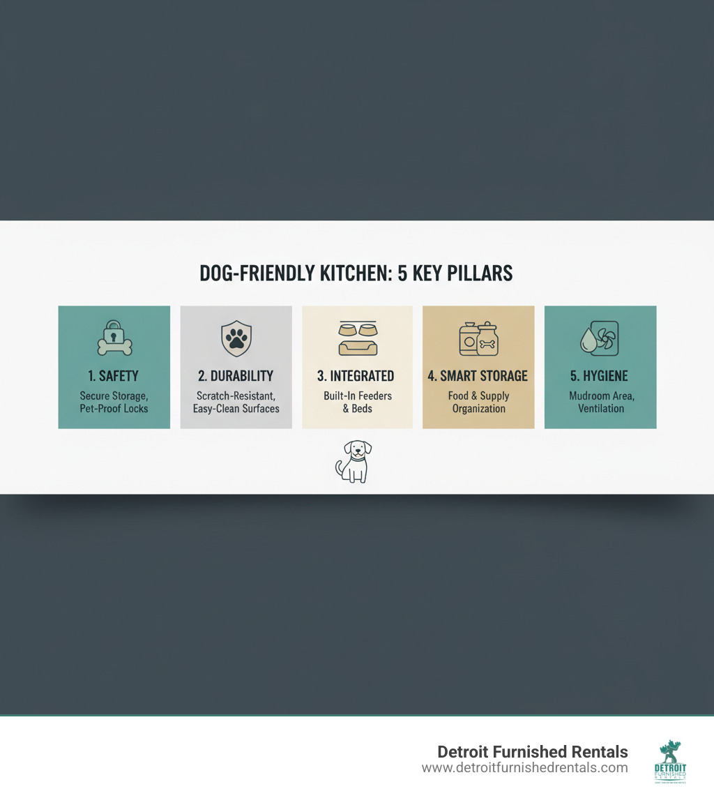 Infographic explaining the 5 key pillars of a dog-friendly kitchen: Safety features including secure storage and pet-proof locks, Durability with scratch-resistant flooring and easy-clean surfaces, Integrated Features like built-in feeding stations and dog beds, Smart Storage solutions for food and supplies, and Hygiene considerations including mudroom areas and ventilation - Dog friendly kitchen infographic 