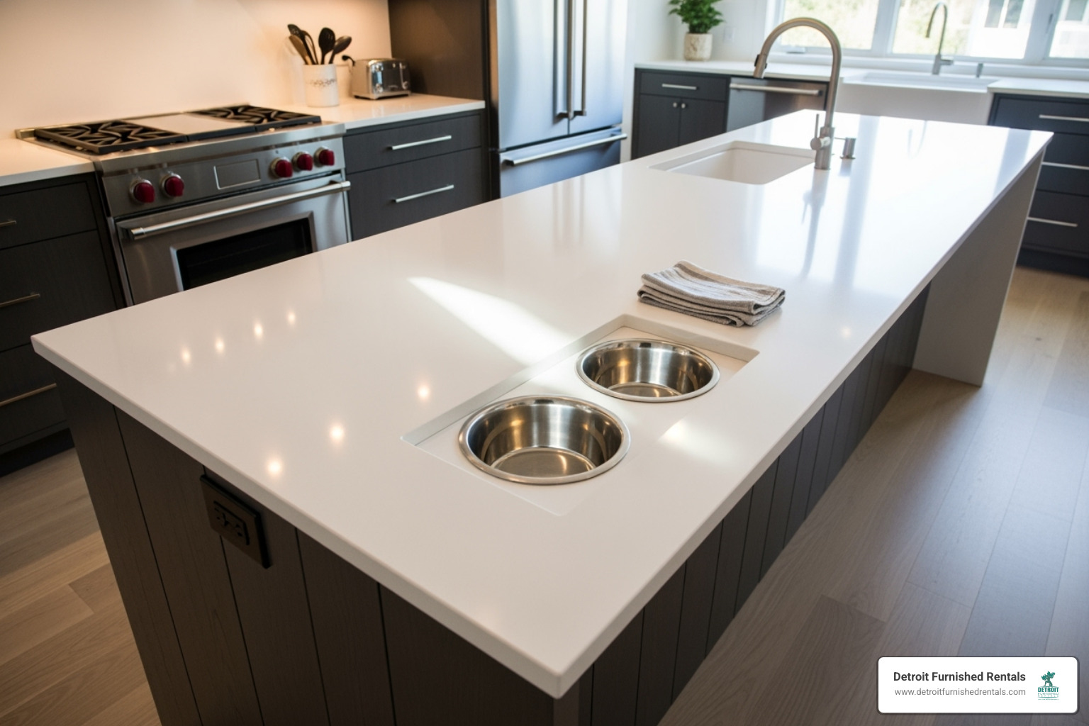a sleek, built-in feeding station at the end of a kitchen island - Dog friendly kitchen